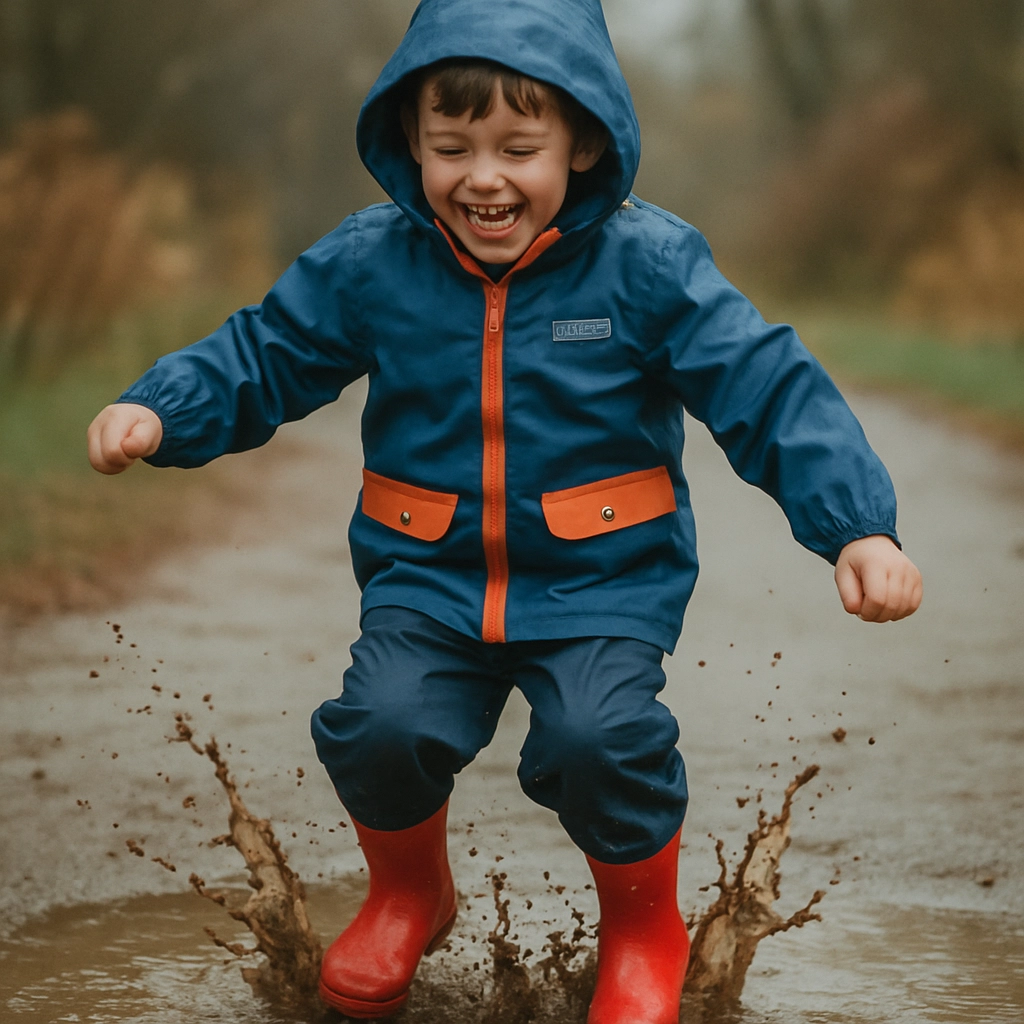 Boy jumping in a puddle