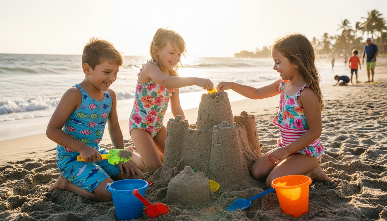 Children playing at the beach in Flapdoodles swimwear